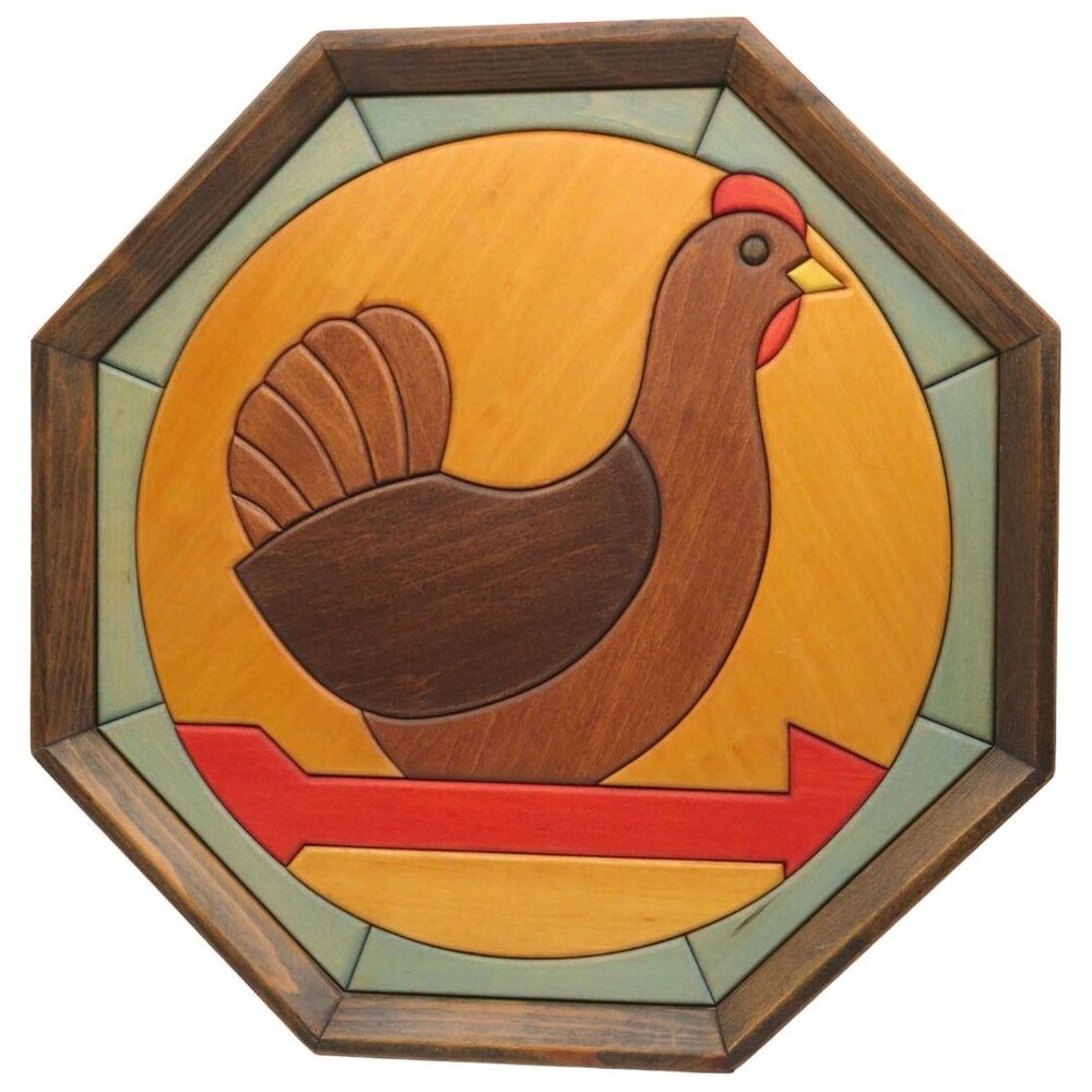 Glenn Johnstonbaugh Signed Wood Folk Art Hen Plaque Octagon 1994 Intarsia #393